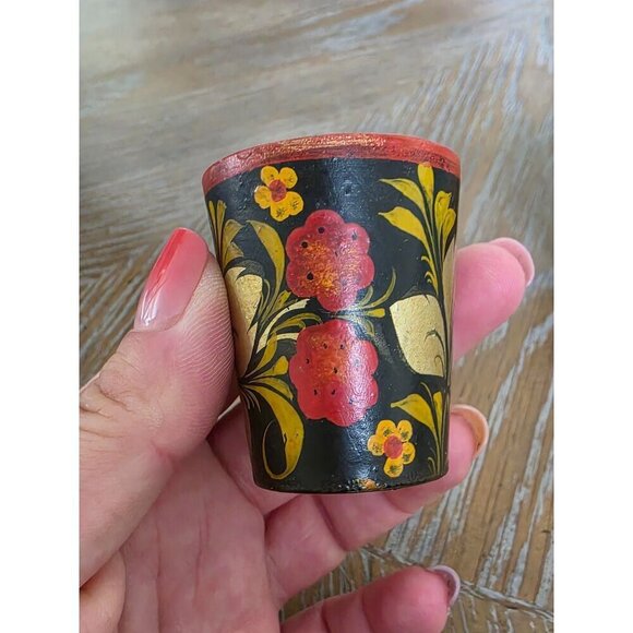 Vintage Hand-Painted Floral Wooden Shot Glasses Set Of 3 - Picture 2 of 16